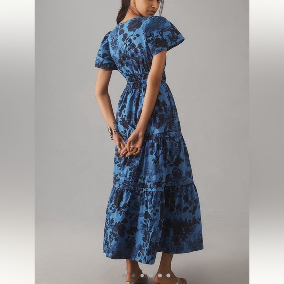Anthropologie SOMERSET Maxi Dress Short-Sleeve Blue Floral NEW Petite Small